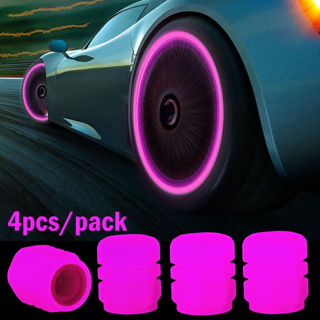 4 Pcs Luminous Valve Caps Fluorescent Night Glowing Car Motorcycle Bicycle Bike Wheel Tyre Hub Luminous Valve Stem Caps Decors MIT