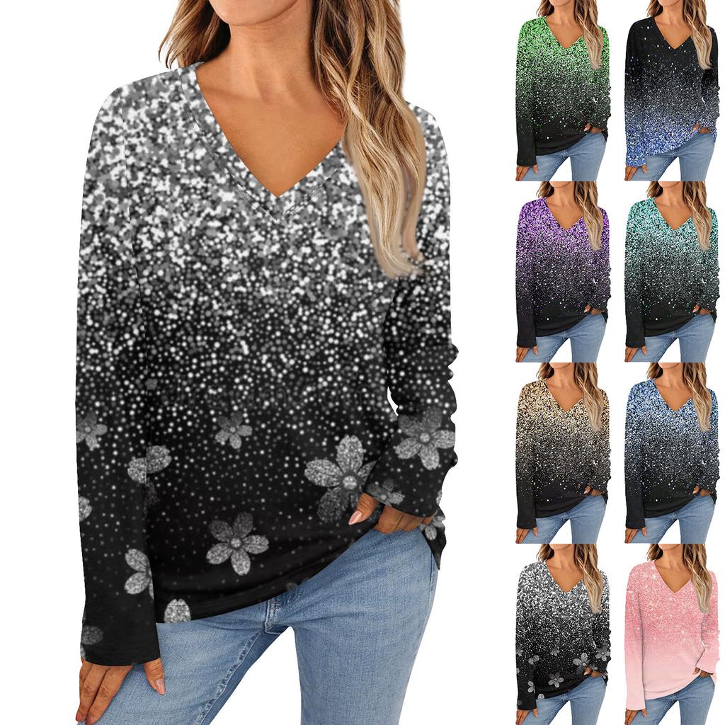 Women's Fashion Casual V Neck Long Sleeve Printed T-Shirt Ladies Top