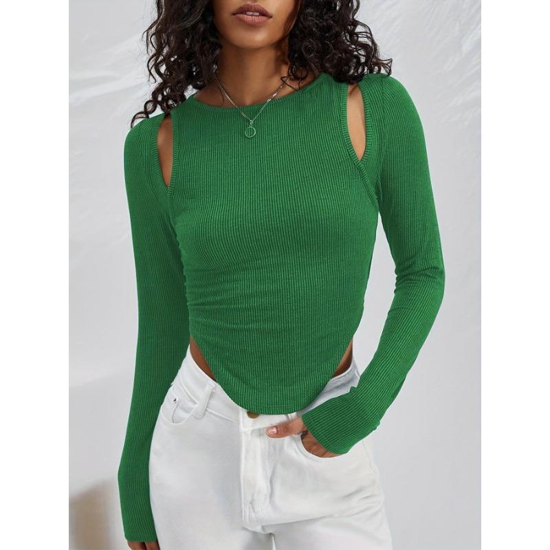 Весна и осень женский полый нерегулярный круглый вырез вязаный сексуальный модный топ с длинными рукавами