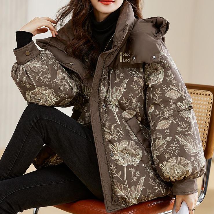 WTEMPO Большие размеры, пуховики на молнии, женские зимние короткие стеганые куртки с капюшоном и принтом, повседневные свободные толстые пальто с карманами