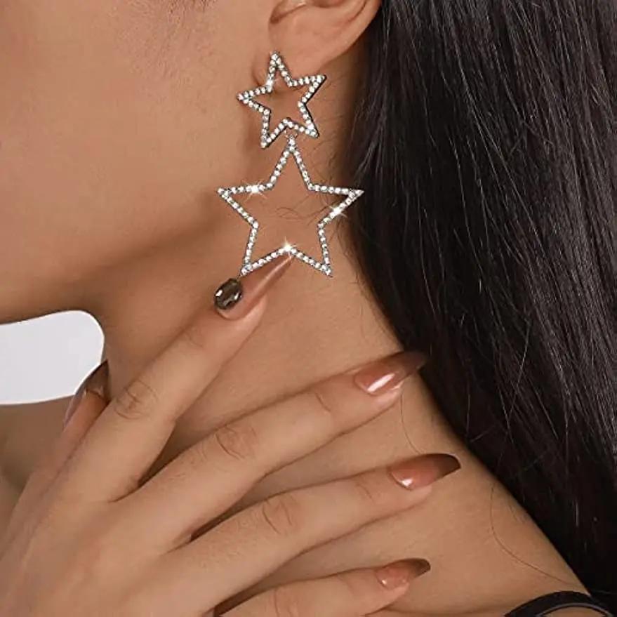 Star Earrings for Women Dangling Siver Rhinestone Big Star Earrings Dangle Gold Sparkle Star Drop Earrings Fashion Jewelry