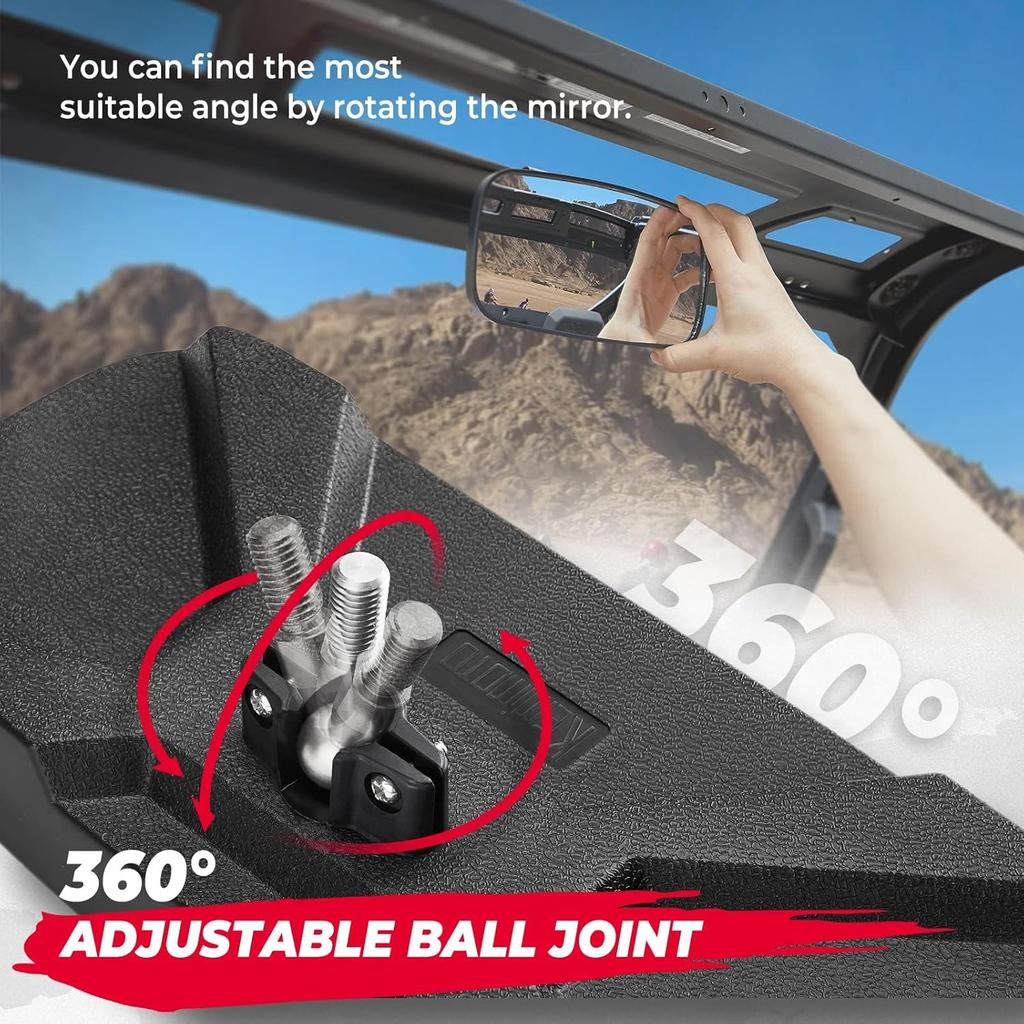 KEMIMOTO UTV Rear View Mirror Compatible With Polaris Ranger 500 570 900 XP 1000 XP/Crew 2017-2025 With Factory Drop Down Mounting Tab, UTV Panoramic