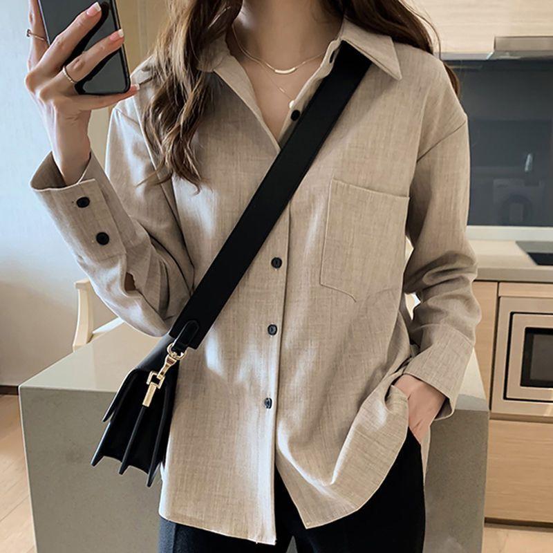 Korean Women's 2024 Spring Autumn New Splicing Polo Collar Button Pocket Fashion Solid Loose Casual Long Sleeve Blouses Shirts