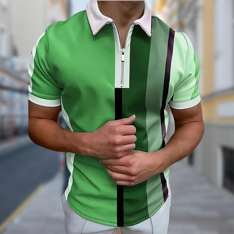 Мужская рубашка поло повседневная на молнии с коротким рукавом модная повседневная на молнии лето весна стандартный крой вертикальная полоса сращивание 3D принт рубашка