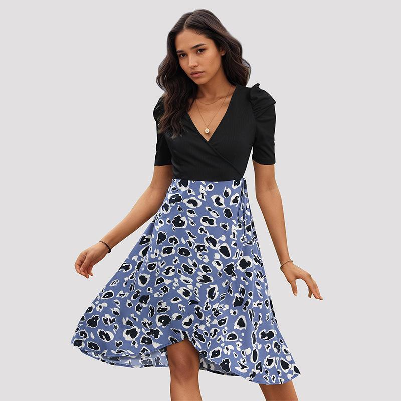 Женская мода лето весна с коротким рукавом V-образным вырезом с высокой талией повседневные платья