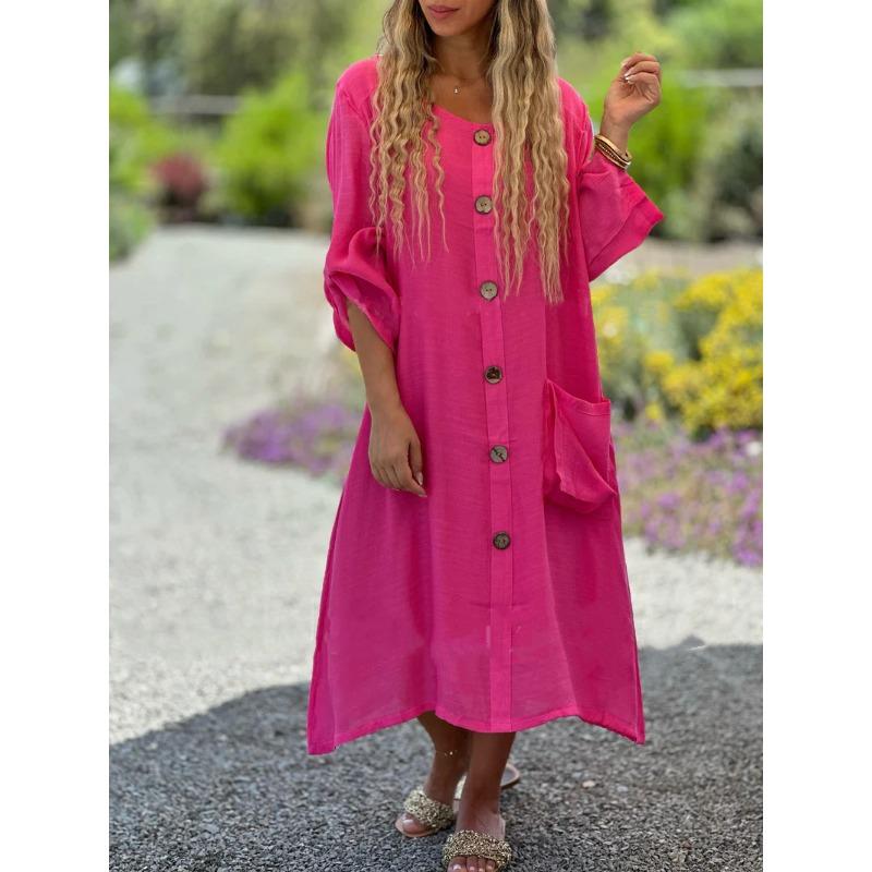 Весенне-осеннее женское платье больших размеров, повседневные длинные платья со свободными карманами и пуговицами