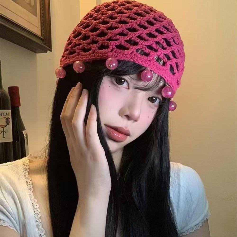 Breathable Hollowed Out Knitted Hat Round Beads Pearl Fringed Crochet Hat Handmade Beret Cap Fashion Headwear