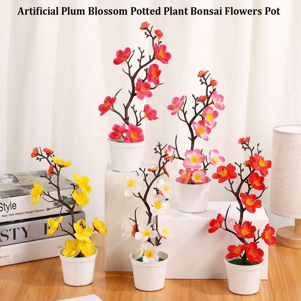 5 Colors Artificial Potted Plant 11*27cm Simulated Tree Ornaments New Plum Blossom Pot