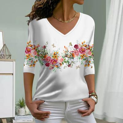 Роза Принт Женские футболки Женские топы Длинные рукава V-образный вырез Пуловер Femme Футболки Футболка для женщин