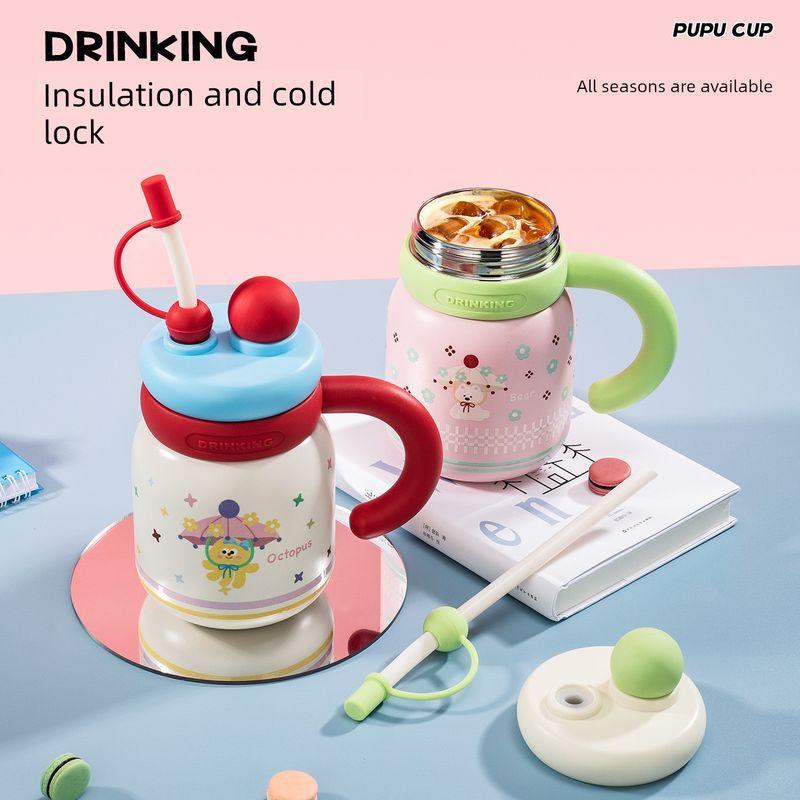 Large-Capacity Thermos Cup with Ceramic Inner Liner, High-Value Aesthetic Water Bottle with Straw for Women, Cute Desktop Office Mug