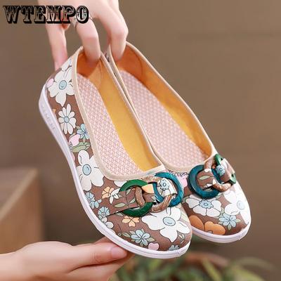 Туфли на плоской подошве с мягкой подошвой в этническом стиле. Туфли из дышащей ткани. Весна-лето. Простая повседневная обувь. Удобная и легкая обувь.