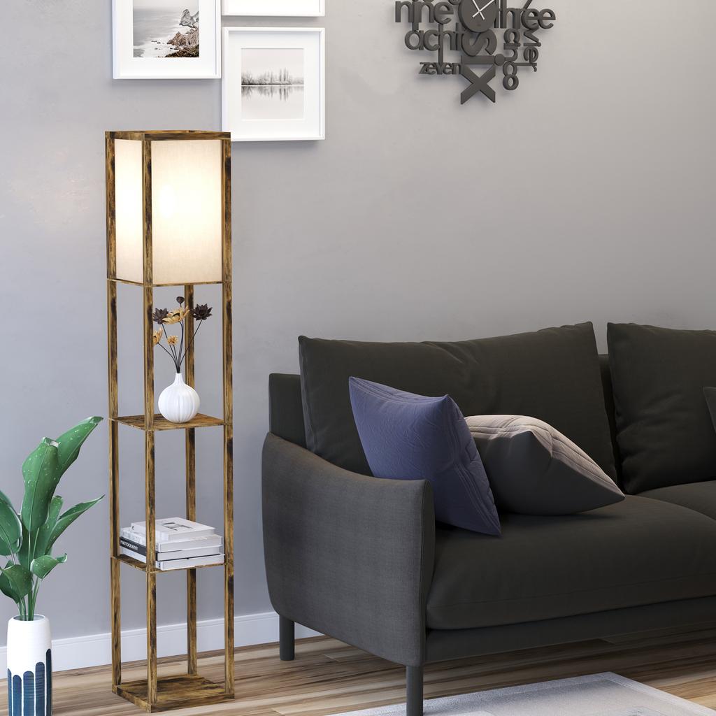 Floor Lamp with Shelves, Standing Lamp, Wood, 26 x 26 x 160 cm, for Living Room/Bedroom (Without Bulb)