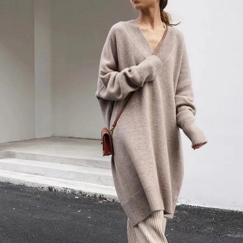 Tooxika Women's Autumn And Winter New Sweater V-neck Knitted Sweater Loose Large Size Solid Color Medium And Long Sweater For Women