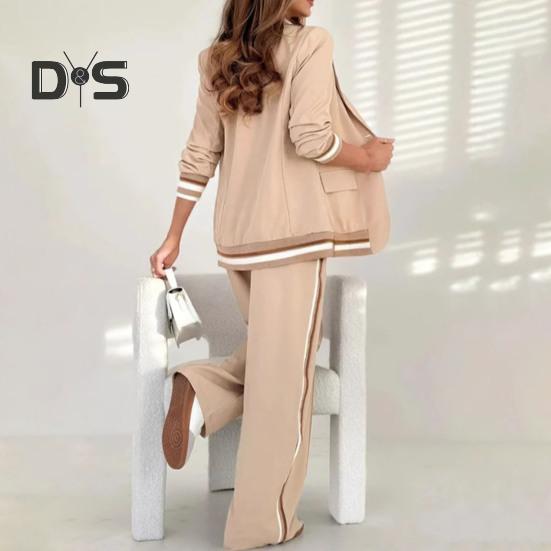 Женский костюм из 2 предметов: пальто, брюки, отложной воротник, длинные рукава, эластичный подол, куртка, широкие брюки с высокой талией, офисный наряд для поездок на работу