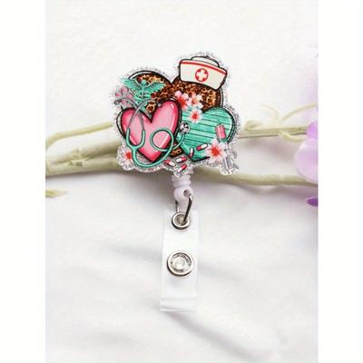 1 шт. Розовый брелок-ретрактор с леопардовым принтом в виде сердца для медсестер и врачей, медицинского персонала, стильная пряжка для бейджа, держатель для карт для работников больницы