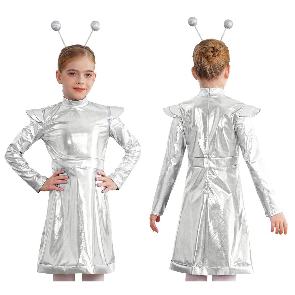 Костюм для косплея пришельцев для маленьких девочек, костюм милашки из космоса, металлическое платье с обручем для волос, наряд астронавта на Хэллоуин