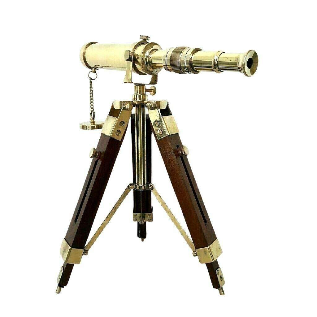 Brass Telescope 12" Polished with Wooden Tripod Stand Collectible Home Decor