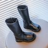Girls Long Boots Black PU Leather Kids High Boots 2024 Autumn Winter Fashion Warm Fur Children Motorcycle Boots Simple Classic