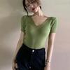 Summer Slim Thin V-neck Bottoming Shirt Retro Short-sleeved T-shirt Hundred Knitted Sweater Tops Women Line Clothing Casual Slim Fit Pullovers Tees