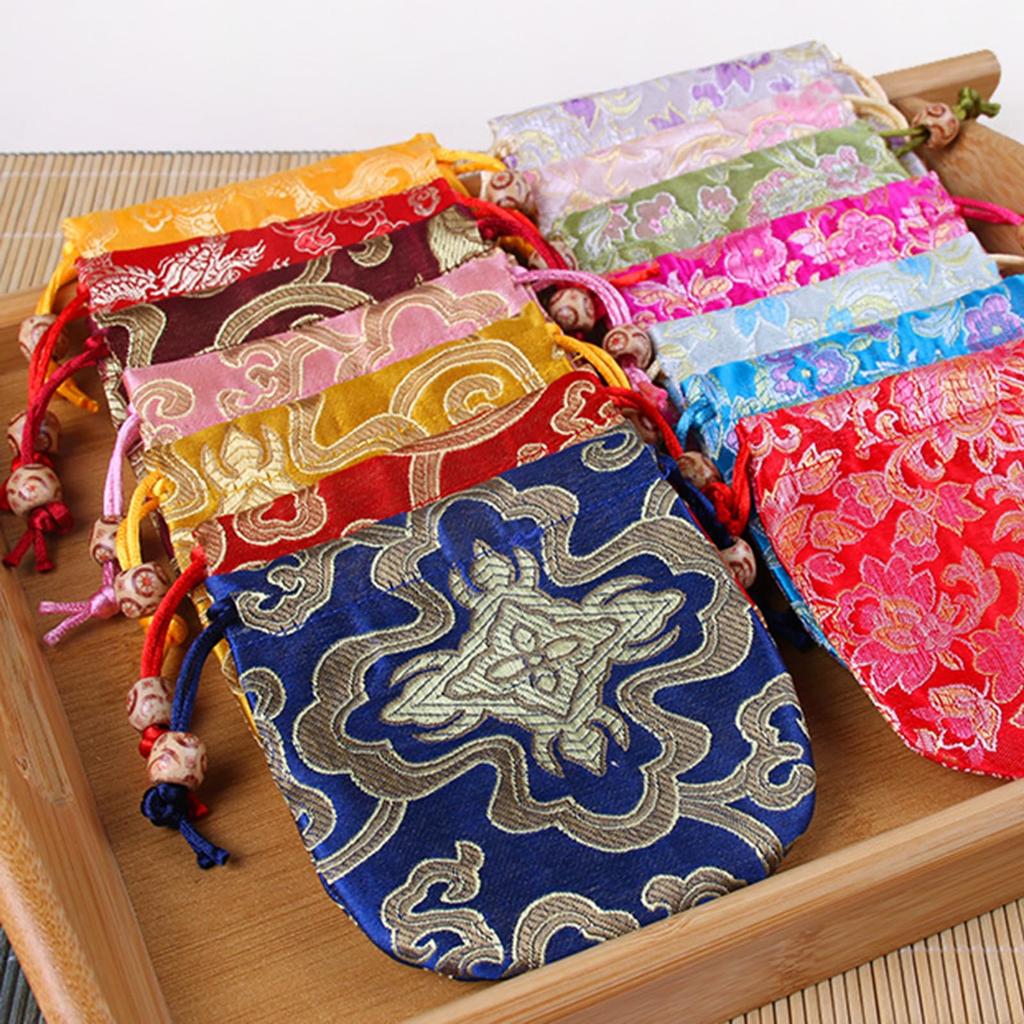 Silver Style Drawstring Small Satin Pouches with Japanese Accessory Case Set of & Bags, Patterns, Japanese-Style (Set 4, B)