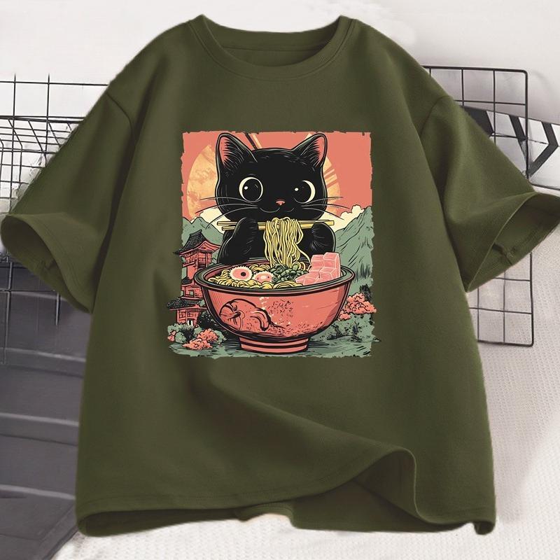 Cute Black Cat Eating RaUnisex TShirt Unisex WOMEN Adorable Graphic Tee Shirt Foodie and Cat Lover Tshirt Animal Printed Tees Top