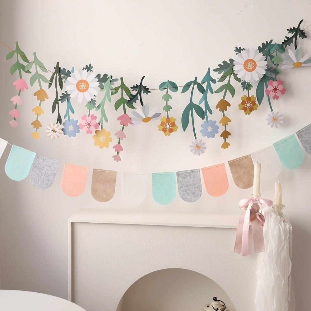 Floral Leaf Flower Leaves Garland Double Sided Happy Birthday Banner Room Decoration