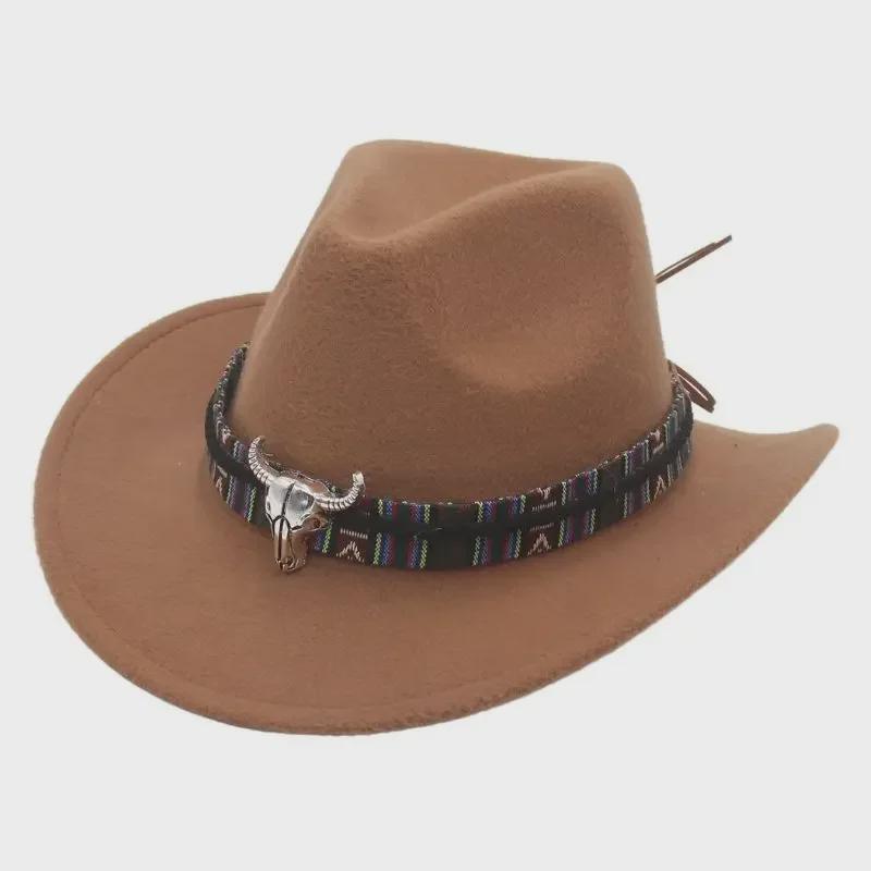 Western Cowboy-Style Wool Felt Hat with Bull Head Accent - Tibetan-Inspired Autumn/Winter Jazz Hat