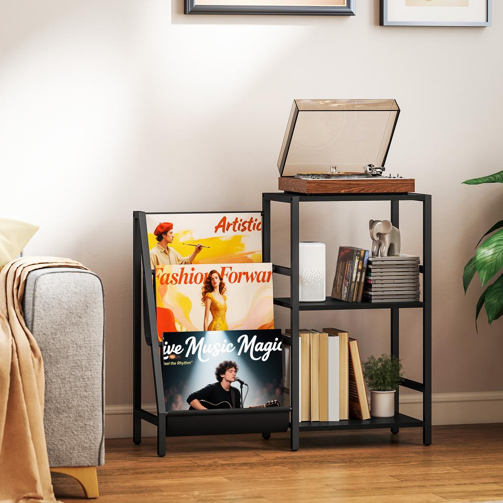 3 Tier Record Player Stand End Table For Living Room Bedroom Black Wood Effect