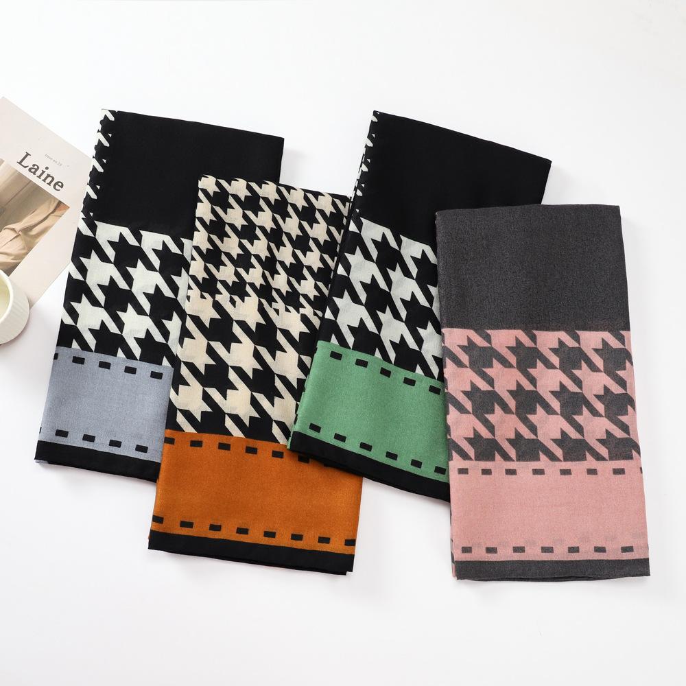 Autumn Cotton and Linen Travel Silk Scarf Female Korean Version of The Thousand Birds Grid Elegant Fashion Versatile Sunscreen Windproof Scarf