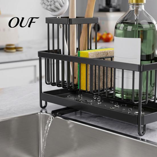 Drainage Rack for Kitchen Sink Caddy Organizer with Drain Tray, Durable Carbon Steel Sponge Holder, Detachable Space Saving Dishwashing Brushes