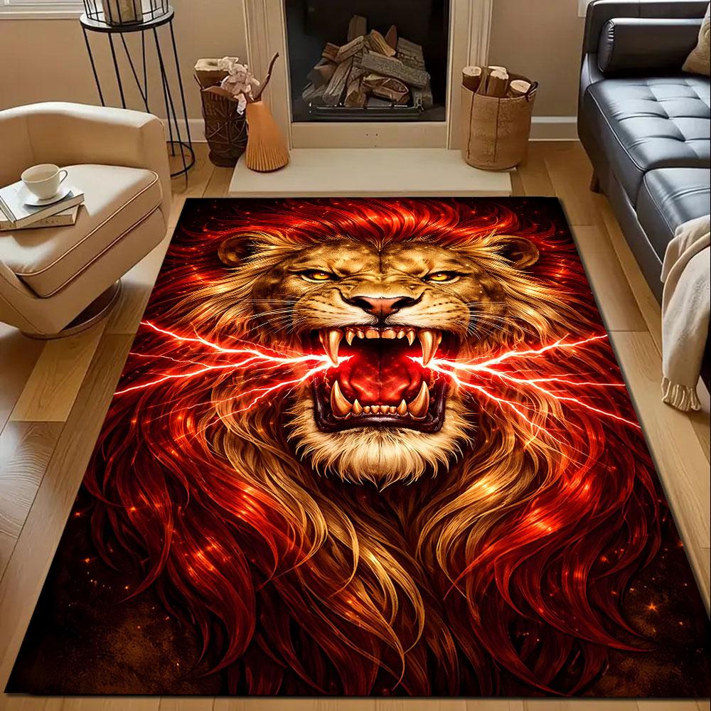 Roaring Fiery Lion Power Patterned carpet, non slip mat suitable for living room and bedroom sofas