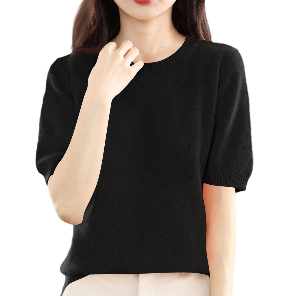 Women's Fashion Wool Knit Half Sleeve Round Neck Solid Colour Bottom Shirt Knitted T-Shirt Top