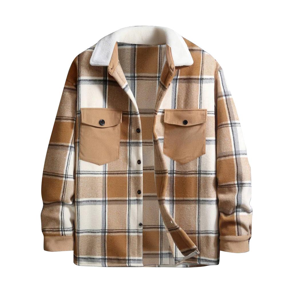 Men's Striped Plaid Casual Loose Button Lapel Long Sleeve Hooded Cardigan Shirt Jacket