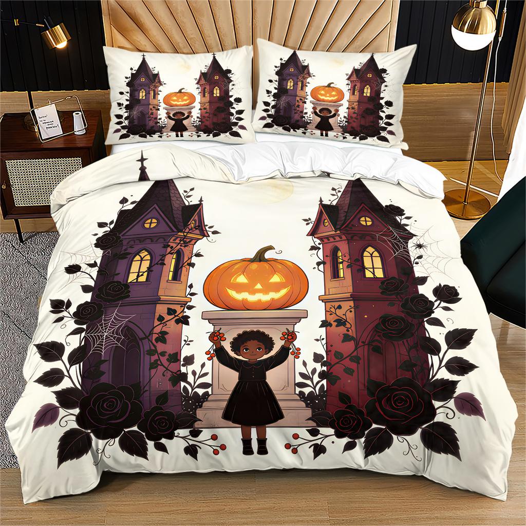 Gothic Halloween Duvet Cover Set Vintage Pumpkin Rose Bat Moon Print Bedding Set Fashion Quilt Cover Set Bedroom Home Decor Gift