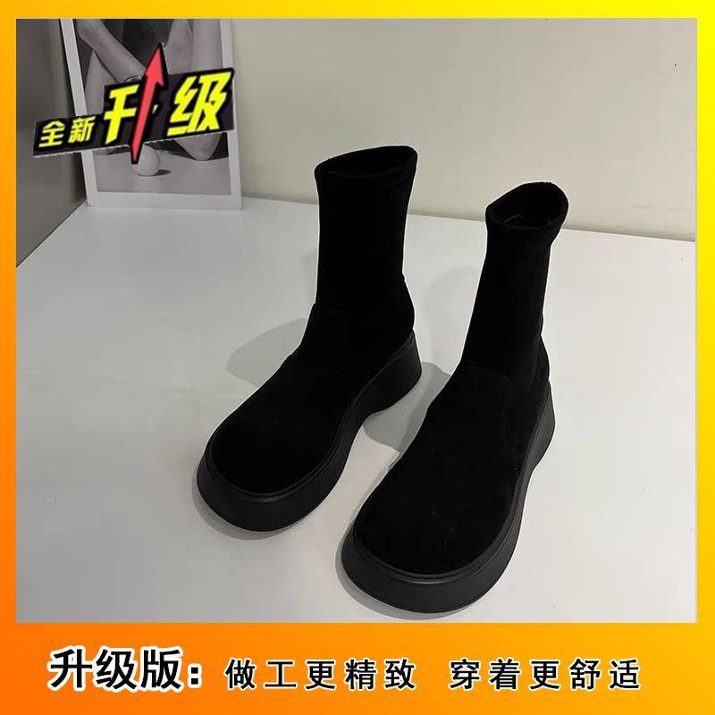 Модели осень-зима 2025 универсальная мода зарубежная интернет-знаменитость тонкие ботинки на толстой подошве мартин эластичные ботинки женские бархатные замшевые туфли