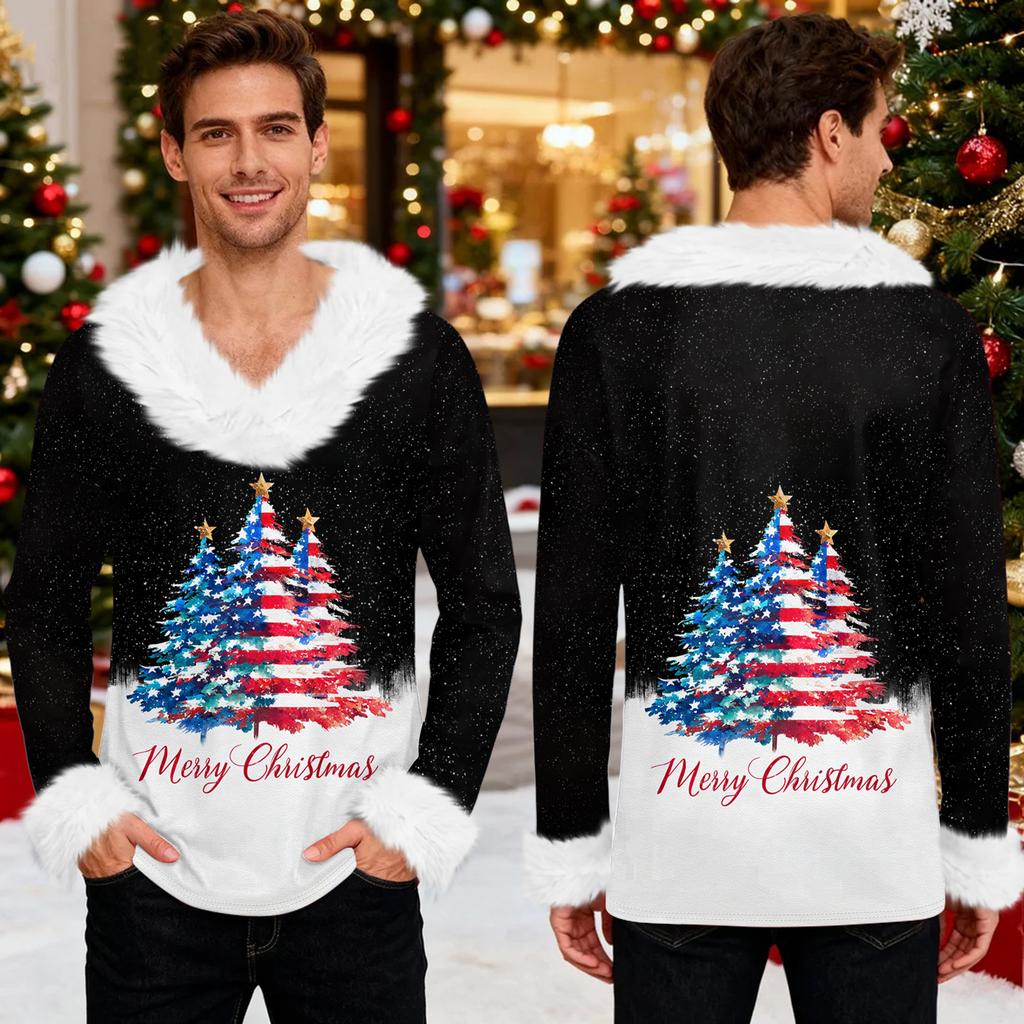 Мужской повседневный рождественский плюшевый свитшот с V-образным вырезом и длинными рукавами из флиса