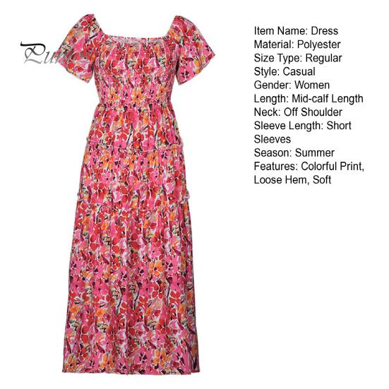 Женское пляжное платье с открытыми плечами Красочный цветочный принт трапециевидной формы в стиле пэчворк Свободный подол с гофрировкой на спине с короткими рукавами Летние каникулы Стиль миди-платья