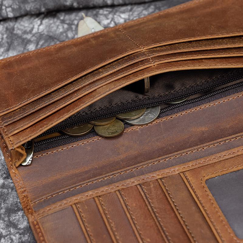 Luufan Vintage Men Women Long Purse Wallet Credit Card Inner Zip Pocket Wallets Bifold Crazy Horse Long Wallet Male Female Purse