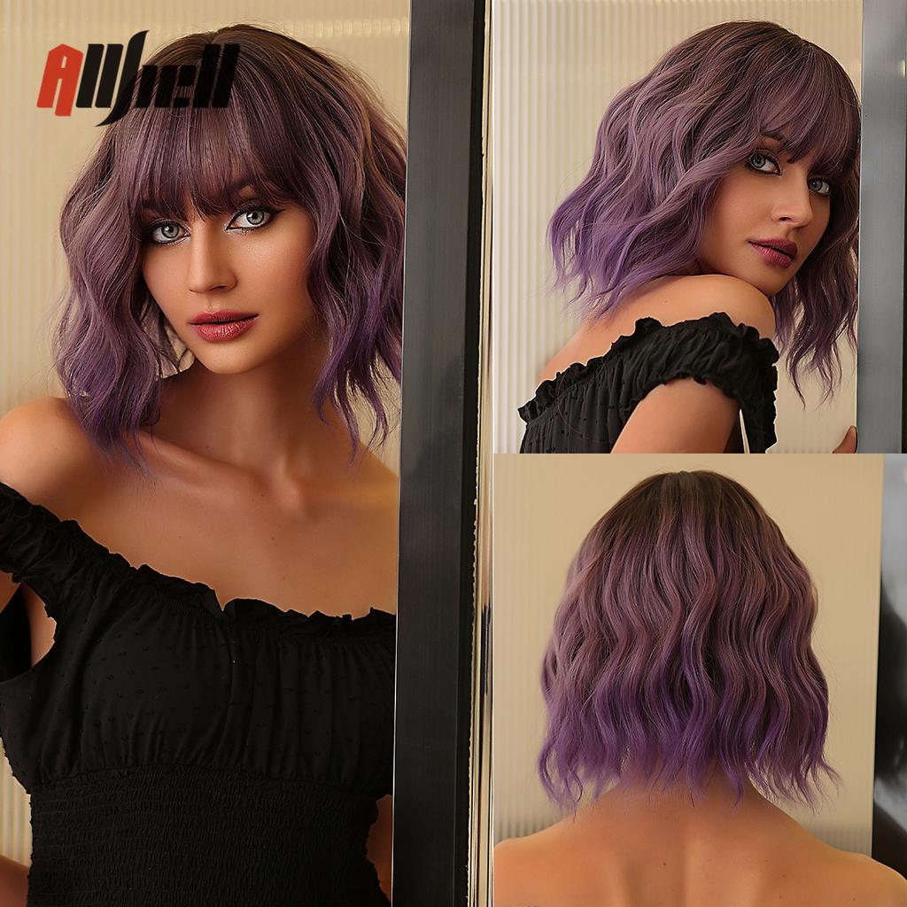 Synthetic Bob Hair Wig with Bangs Ombre Platinum Blonde Cosplay Wigs for Women Short Heat Resistant Female Daily Lolita Wavy Wig