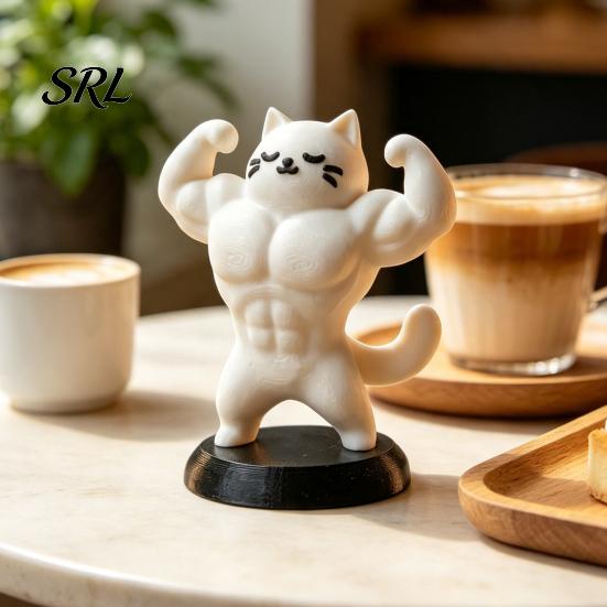 Small Animal Sculpture 3D Printed Muscle Cat Figurine, Funny Strong Desk Ornament for Desktop Decoration Home Office, Creative with Base, Unique Gift