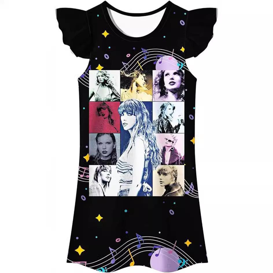 Girls Dreamy Ruffled Sleeve Round Neck Dress with Ethereal 3D Print