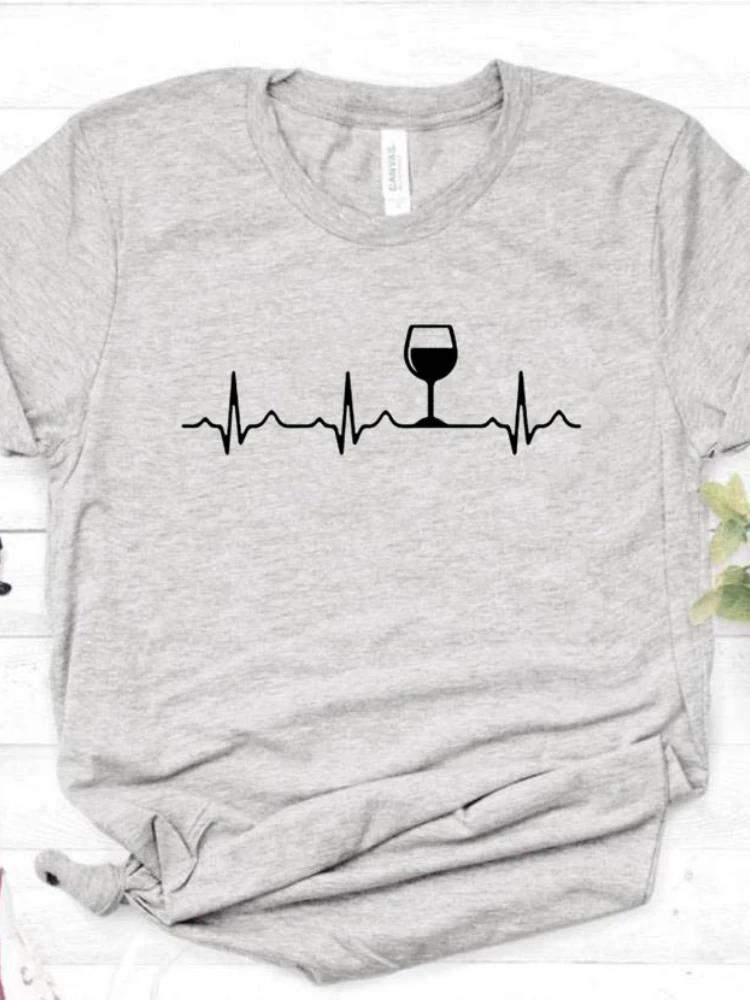 Футболка с принтом «Винный пульс» для женщин, с коротким рукавом и круглым вырезом, свободная футболка, летняя женская повседневная футболка, топы, женские рубашки