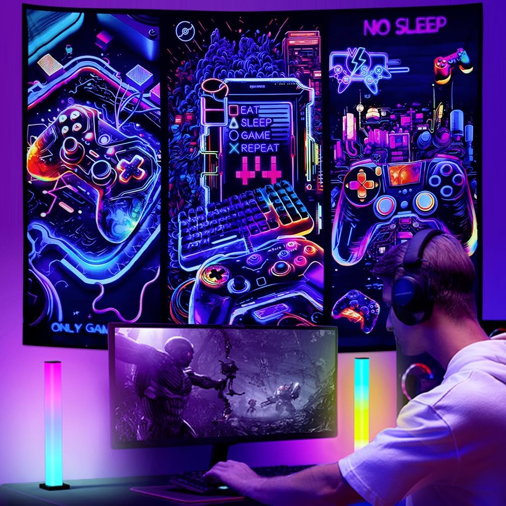 Галокер Черный Свет Игровой Гобелен Крутой Неоновый Гобелен с Игровым Контроллером УФ-Реактивный Игровой Гобелен для Стены Забавное Искусство Игровой Постер Гобелены