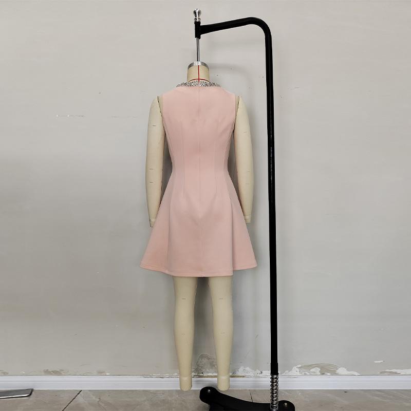 Ladies' Full Diamond Collar Studded Pearl Dress with Crystal Decoration Summer New Pink Waist Cinched Dress Temperament Short Sleeveless Women's Skirt