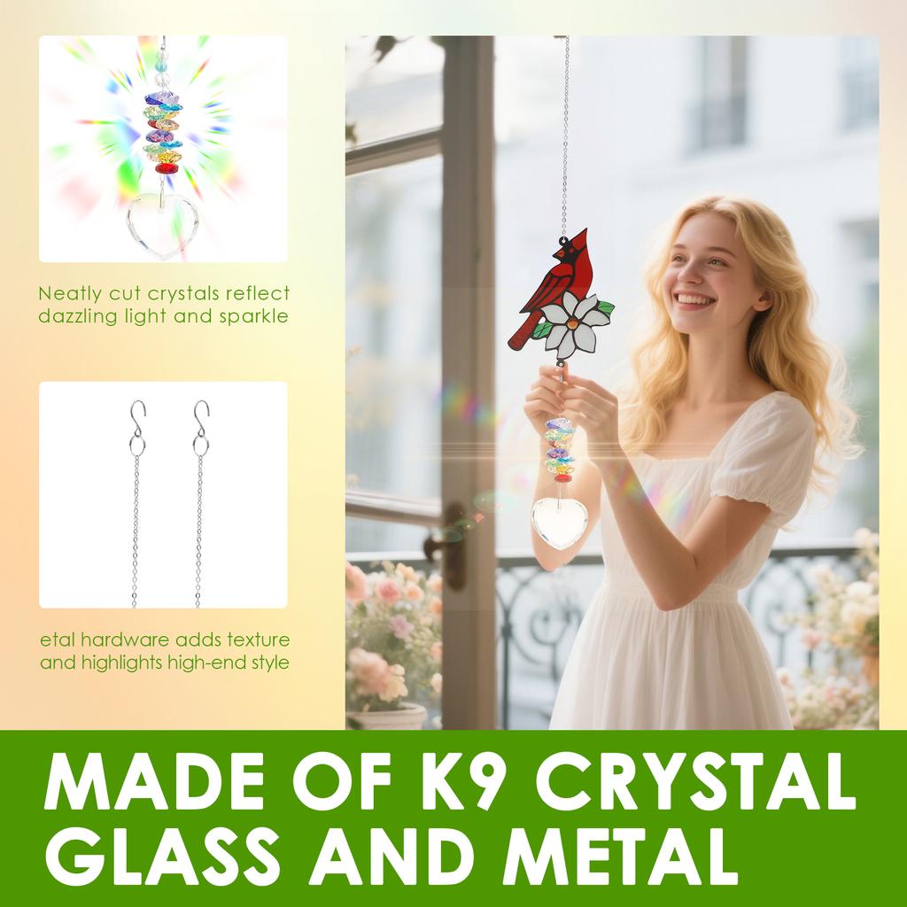 2Pcs Red Bird Suncatcher Sun Catcher Ornament Crystal Glass Heart Pendant Exquisite Window Decor Suncatcher Present for Home