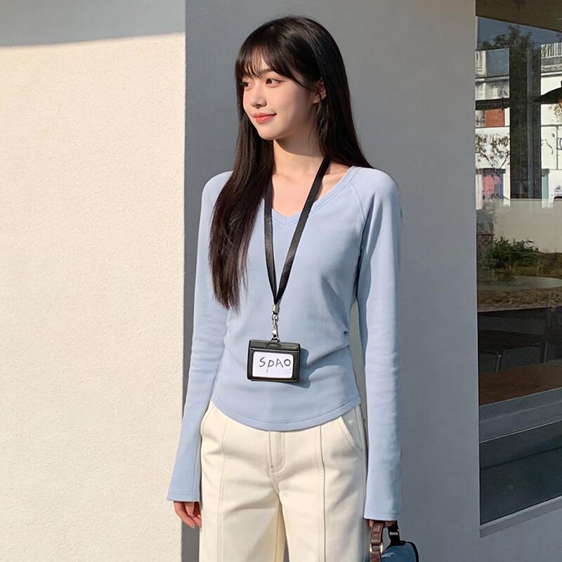 Женская облегающая футболка SPAO с V-образным вырезом и длинным рукавом