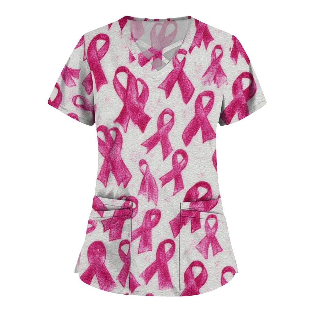 Women's Fashion V-Neck Short Sleeve Overalls Double Layer Pocket Printed Tops Apparel