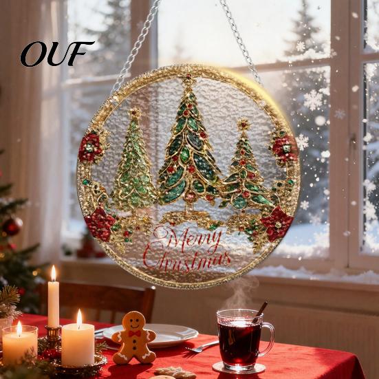 Round Acrylic Window Panel Stained Glass Style Hanging, Tree of Life & Winter Forest Transparent Suncatcher with Metal Chain, Indoor Decoration