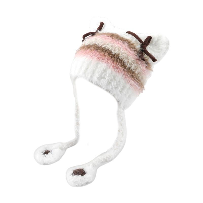 Furry Cartoon Head Cover with Ear for Outdoor Sports Striped Hat with Ear Oversized Headgear Hat for Winter