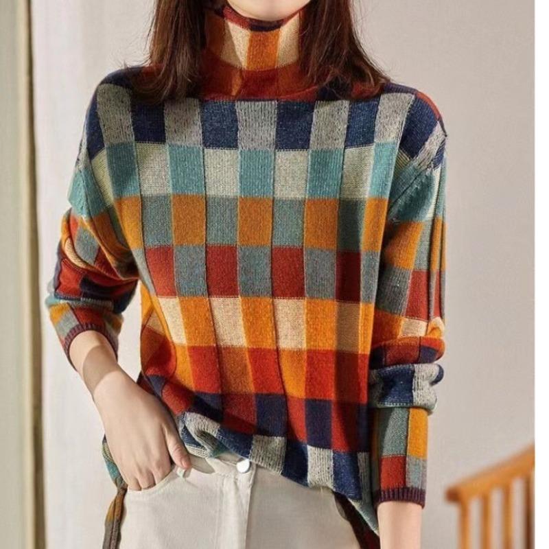 Colorful Sweaters Womens Checkerboard Knit Sweater Autumn Winter High Neck Fashion Casual Wear Checkered Sweater Women